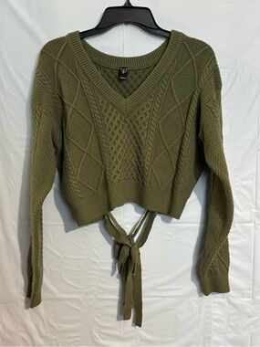 Windsor Olive Cable V-Neck Tie-Front Sweater
